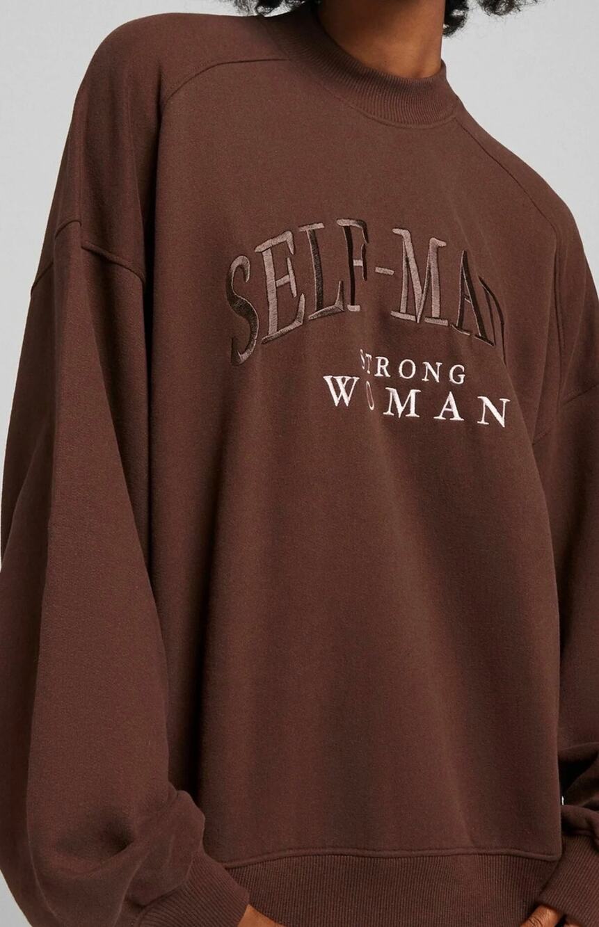 BERSHKA Brown Sweatshirt with Self Made Strong Woman Graphic. Size M.